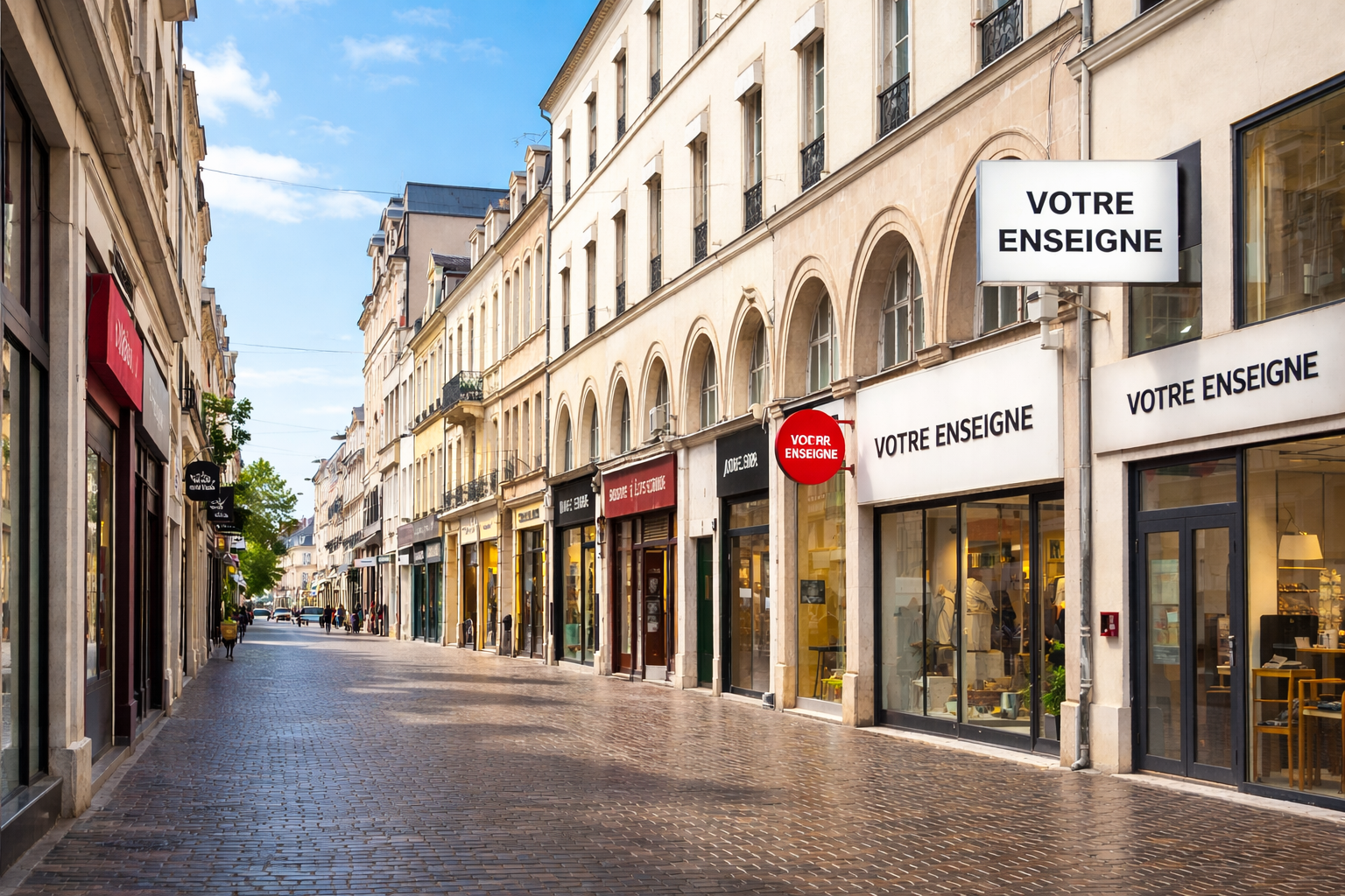 rue commerçant au Mans avec boutiques, commerces et enseignes à personnaliser