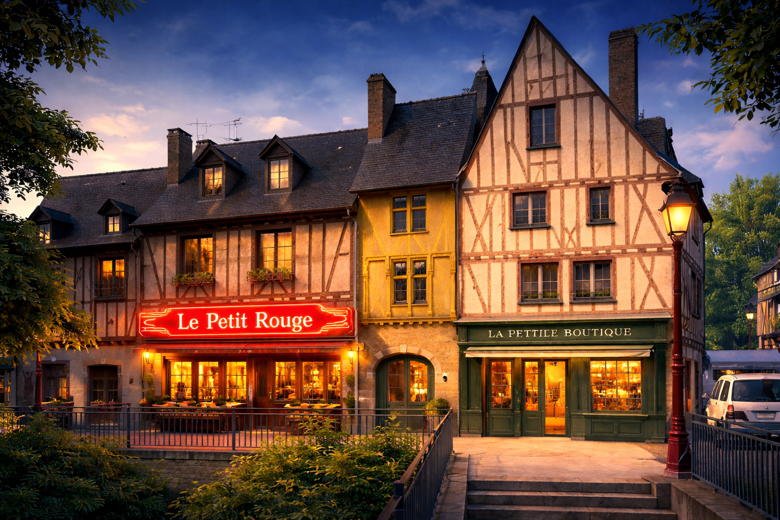 Mise en situation du vieux Mans avec une boutique avec enseigne lumineuse et un autre commerce avec un lettrage non lumineux