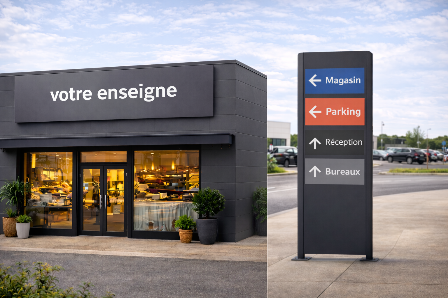 Mise en situation de l'habillage d'une boutique : enseigne et son totem