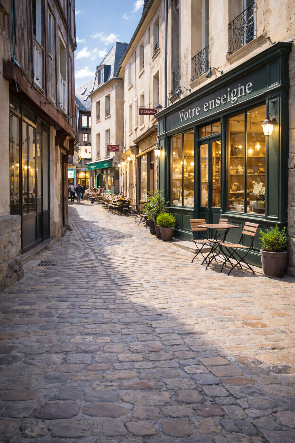 Mise en situation d'une boutique en Sarthe avec lettrage blanc sur devanture en bois peinte